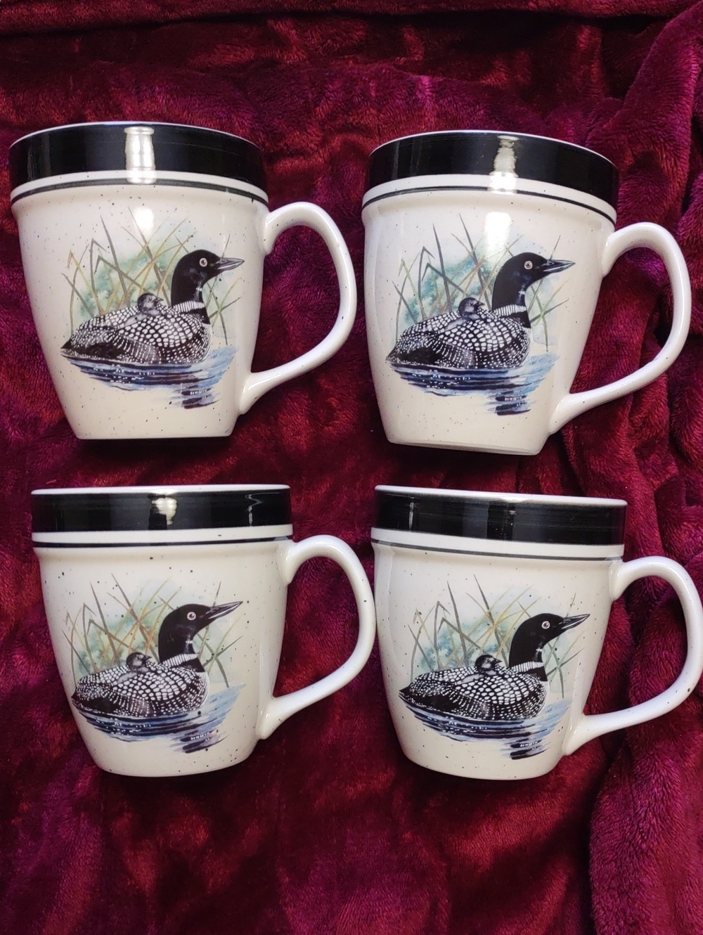 Vintage Folk Craft Stone Ware "Loon lake" Mugs- Set Of 4